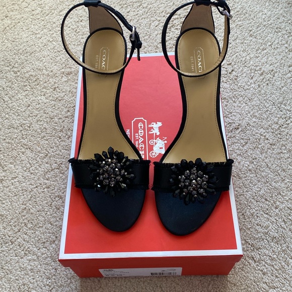 Coach High heels never been worn. Black satin w/beads 8.5 approx 3 1/2 in heel - Picture 1 of 4
